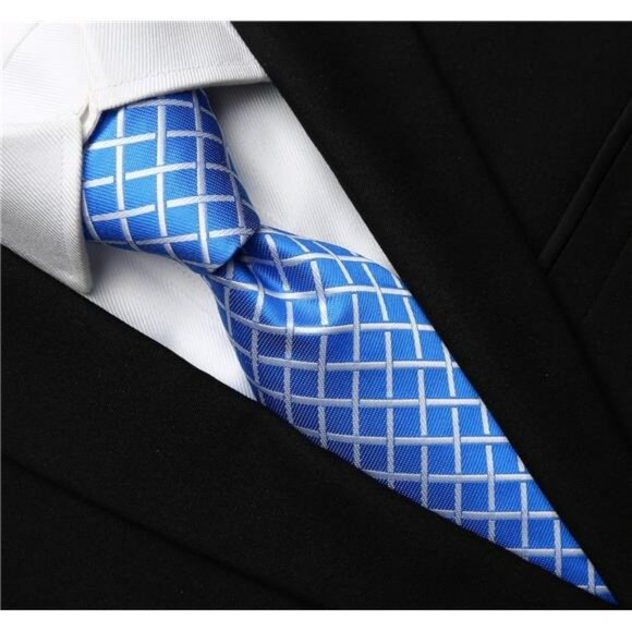 Mens Extra Long Tie Bright Blue Plaid Necktie Formal Wedding Business Gift - Picture 4 of 7